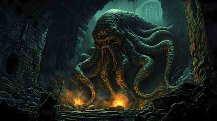 An ancient cthulhu in a forgotten temple, hyperdetailed stonework and eerie torchlight illuminating its grotesque form, immersive atmosphere. Eldritch Temples. Illustration