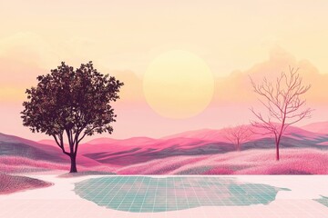 Pink landscape with a sun and two trees in field