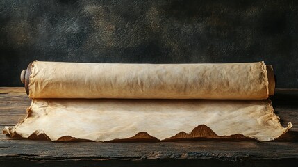 Antique parchment scroll on wood, dark background, history