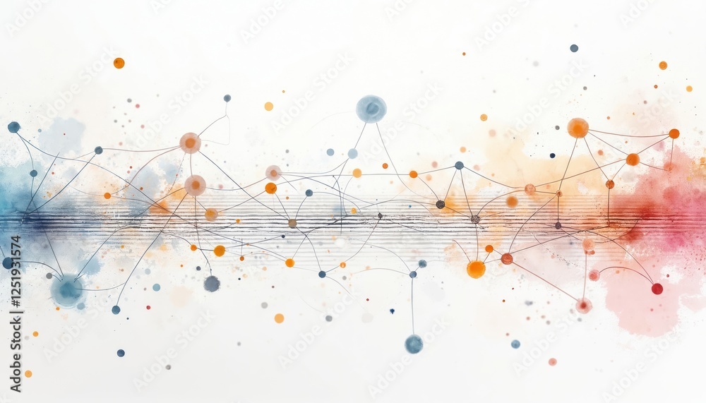 Leinwandbilder Illustration of grid surface connected with watercolor paint splatter. Abstract network background in science style. Lattice structure connects atomic elements. Design for presentation, marketing