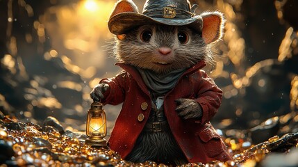 A Whimsical Mouse on an Adventurous Journey: A Digital Illustration of an Anthropomorphic Rodent in a Cowboy Hat, Carrying a Lantern Through a Golden-Lit Rocky Path