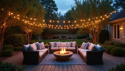 Outdoor patio features string lights, soft blankets. Warm glow fire pit is surrounded by cosy seating on chill twilight evening. Relaxing luxurious place with pillows on backyard for gathering.