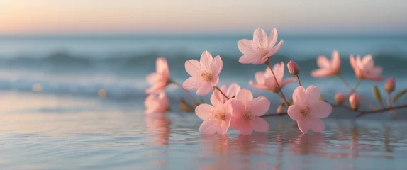 Papier peint photo  Pink Flowers Bloom Near Calm Ocean Sunset  © LoFi J.