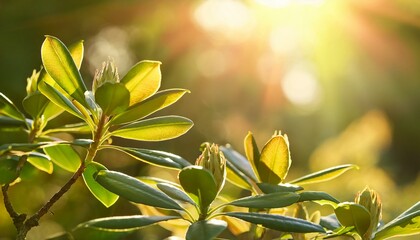 Fototapeta premium Blurry Rhododendron leaves in spring garden, sunlight and shadows, soft focus