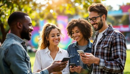 Multicultural friends enjoying social media content on their phones outdoors