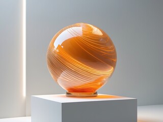 An Abstract Glass Sphere Featuring an Orange Base Displayed Prominently on a White Platform