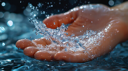 Fototapeta premium Swimmer's hand slices through water creating dynamic splashes of droplets in motion