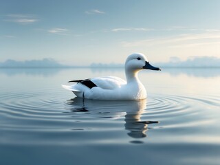Serene white duck swimming in clear lake water with ample space for text and advertising purposes