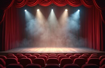 Theatre stage with red velvet curtains, wooden floor and seats. Spotlights illuminate empty scene with fog, smoke. Warm ambiance colors for opera or entertainment show performance.