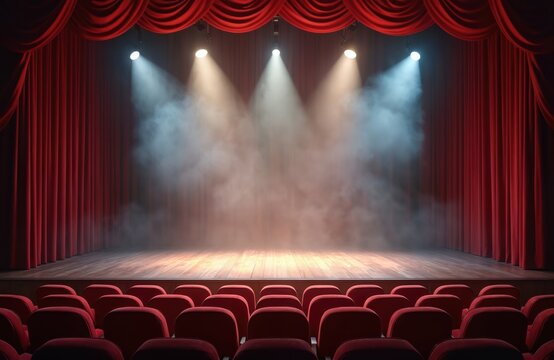 Theatre stage with red velvet curtains, wooden floor and seats. Spotlights illuminate empty scene with fog, smoke. Warm ambiance colors for opera or entertainment show performance.