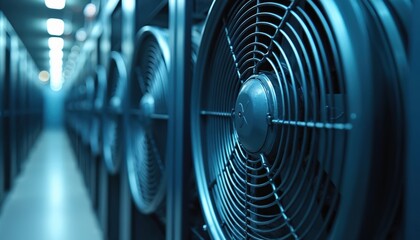 Close-up on fans in data center, cool airflow. Precise temperature control, energy efficiency high-tech environment. Cooling system, server room ventilation, information infrastructure, hardware