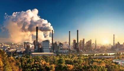 Obraz premium City skyline with smoking plant chimneys, cityscape panorama