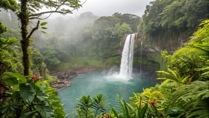 Majestic waterfall, lush tropical rainforest, misty atmosphere, vibrant green vegetation, turquoise pool, exotic paradise, natural wonder, secluded oasis, dramatic landscape