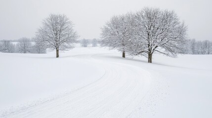 Fototapeta premium Snowy winter landscape with curving path and trees. Possible use Nature background