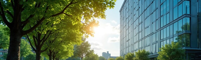 Eco-friendly sustainable glass office building with trees reduces carbon dioxide. Corporate building with green environment lowers CO2 emissions. Modern architecture, future energy, ecological