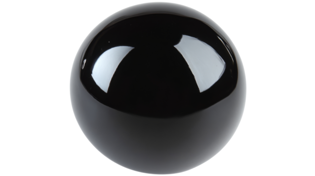 Shiny black sphere reflecting light on transparent background