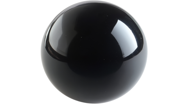 Black sphere reflecting light on transparent background