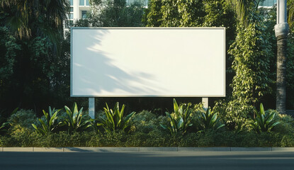 Fototapeta premium white blank screen sandwich board placed outdoor by green tree hedges Background,mockup template
