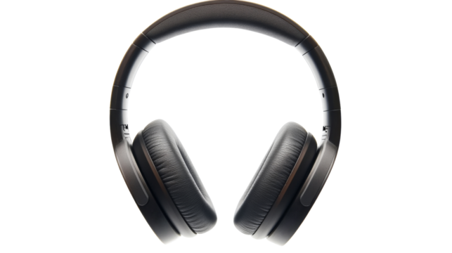 Modern black headphones on transparent background