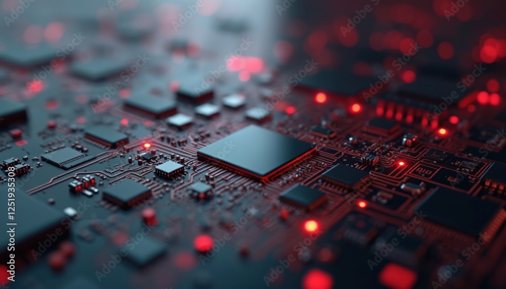 Leinwandbilder Black three-dimensional circuit board tech background with depth of field, red lights. Digital pattern, system. Electronic computer mother board for AI, cybespace, network, programming, connection