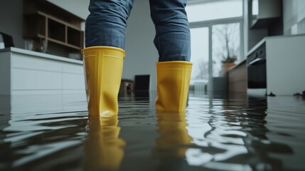 Plumber wearing yellow rubber boots inspecting a flooded kitchen after a water leak