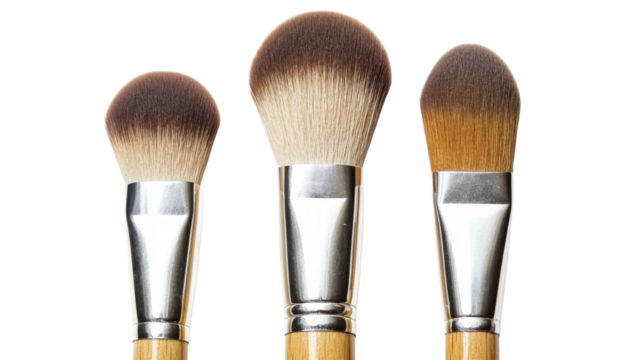 Three makeup brushes with wooden handles on transparent background