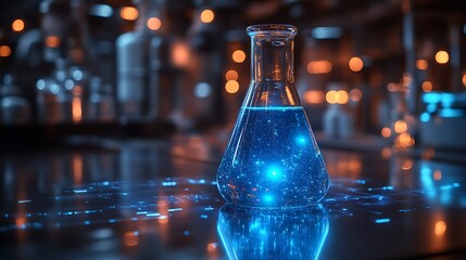 A luminous blue substance glowing inside a flask placed on a chemistry station with digital interfaces and laboratory glassware
