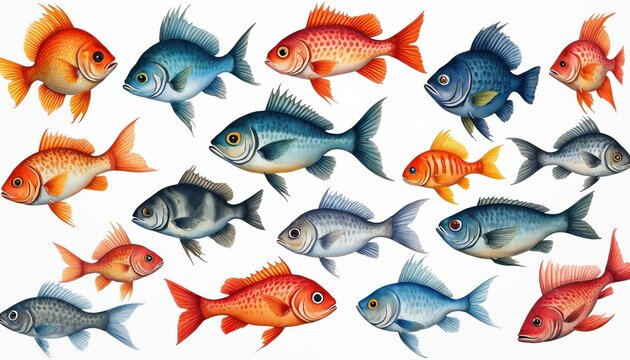 Illustration of various colorful fish species on transparent background. Watercolor paint texture. Different red, blue, orange fishes on white backdrop. Seafood marine life. Sea creatures collection.