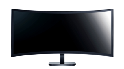 Curved ultrawide computer monitor displaying black screen on transparent background