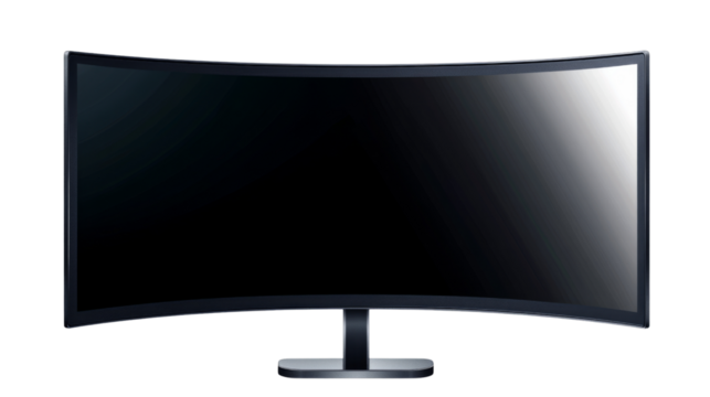 Curved ultrawide computer monitor displaying black screen on transparent background