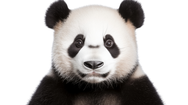 Portrait of a young giant panda bear cub emerging on transparent background