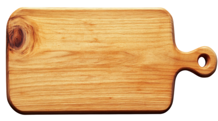 Empty wooden cutting board with rounded corners and handle on transparent background