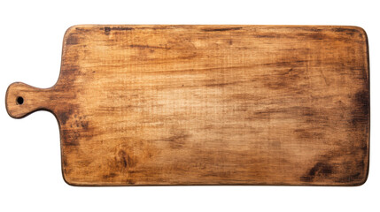 Old rustic empty wooden cutting board with handle on transparent background