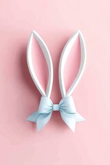 Easter bunny ears sporting pastel blue bow, resting against soft pink backdrop, embodying seasonal celebration
