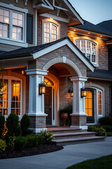 Obraz premium Luxury Home Exterior at Night: Brick and Stone Architecture, Elegant Design, Landscaping