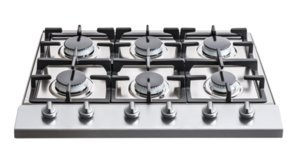 Modern stainless steel gas stove with six burners