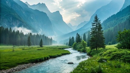 Majestic mountain landscape, winding river, lush green meadow, towering pine trees, misty atmosphere, sunbeams breaking through clouds, serene valley, dramatic peaks, pristine wilderness,