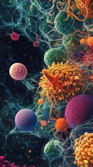 Colorful microscopic life forms and cells in a cosmic setting