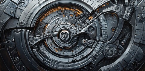 Fototapeta premium Complex metallic machinery features intricate circular and linear components