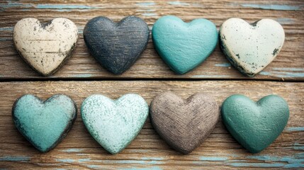 Obraz premium Row Of Painted Heart Decor On Rustic Wooden Background