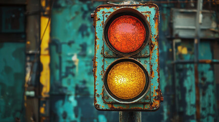 Old rusty traffic light with dramatic lighting in vintage urban setting