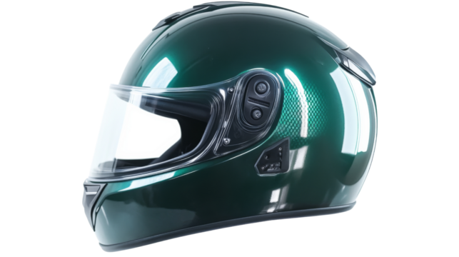 Green motorcycle helmet showing modern design and safety features on transparent background