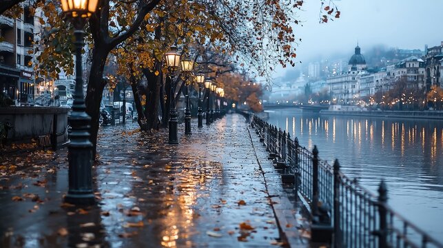 Autumnal city riverside walk, wet pavement, fall foliage,  illuminated by lamps, peaceful scene, possible use for travel posters, postcards or wallpaper