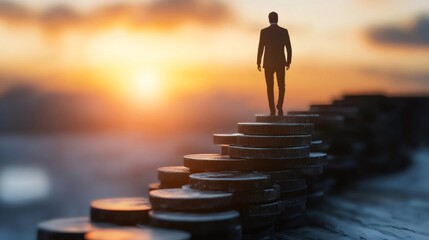 Businessman walking up stairs made of coins at sunset, achieving financial success