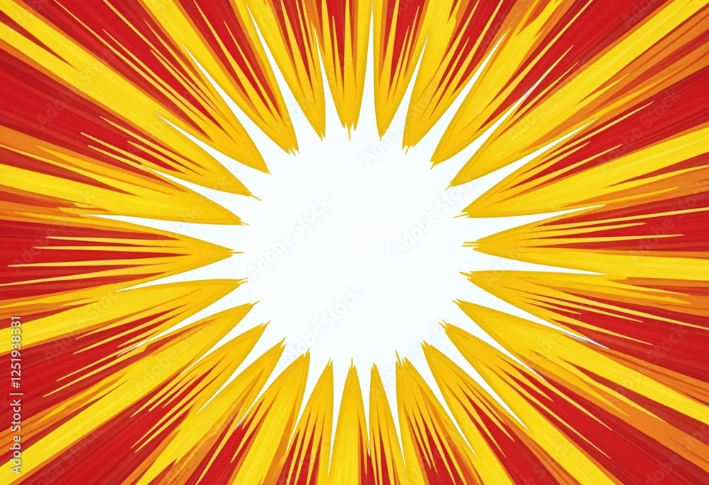 Aufkleber Pop art graphic shows abstract sun burst design. Rays create energy comic explosion effect with retro yellow and orange halftone pattern background and empty white space.