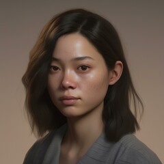 A highly detailed, hyper-realistic close-up portrait of an AI-generated human face. This digital artwork features lifelike skin textures, expressive eyes, and natural lighting.