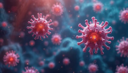 Microscopic illustration of red coronaviruses causing respiratory infections in humans, mammals, birds. Virus research for medicine, science, health, biology, microbiology. Abstract molecular