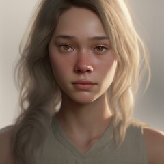 Fototapeta premium A highly detailed, hyper-realistic close-up portrait of an AI-generated human face. This digital artwork features lifelike skin textures, expressive eyes, and natural lighting.