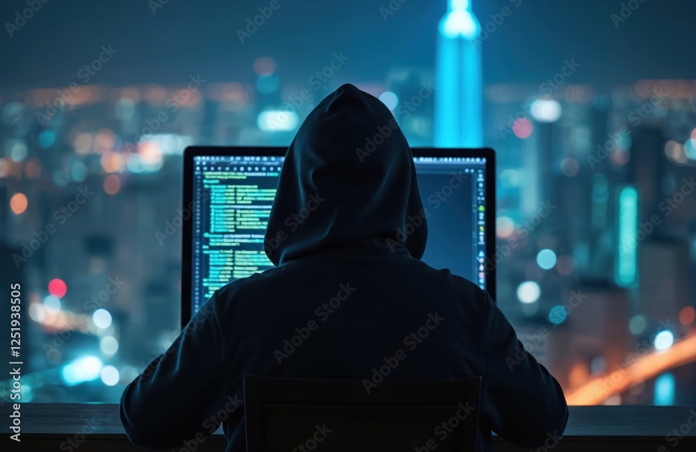 Poster hacker in hood sits at computer, coding at night. cybercrime concept, visual metaphor for online sec