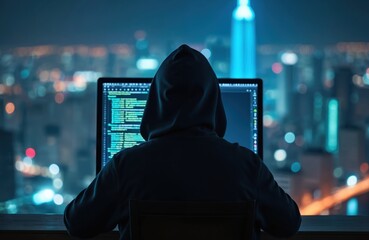 Hacker in hood sits at computer, coding at night. Cybercrime concept, visual metaphor for online security threats, data breaches. Internet privacy, network security. Back view of programmer on
